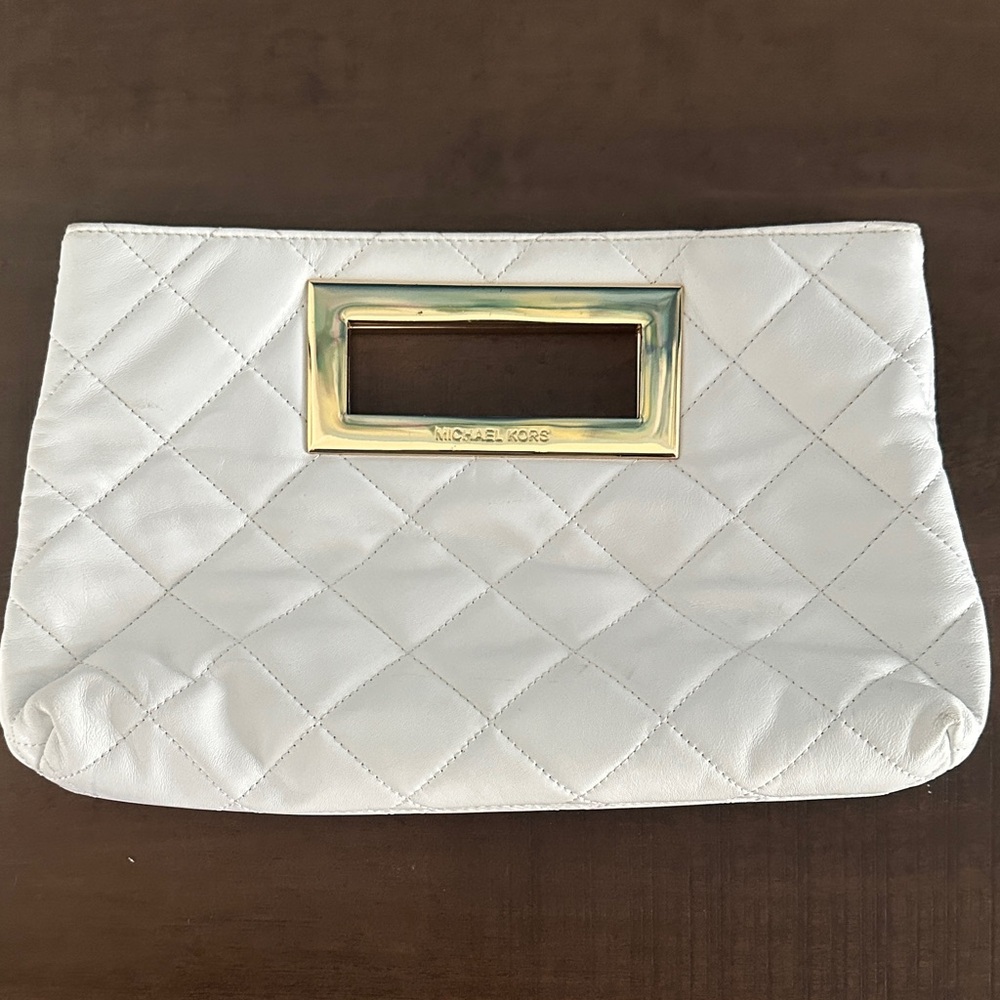 Michael Kors Quilted White Clutch with Gold Accent